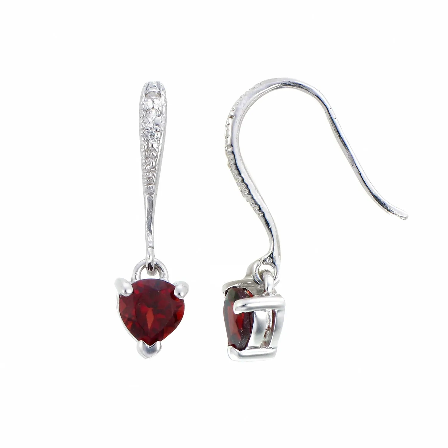 3/4 cttw Garnet Dangle Earrings .925 Sterling Silver With Rhodium 5 MM Heart