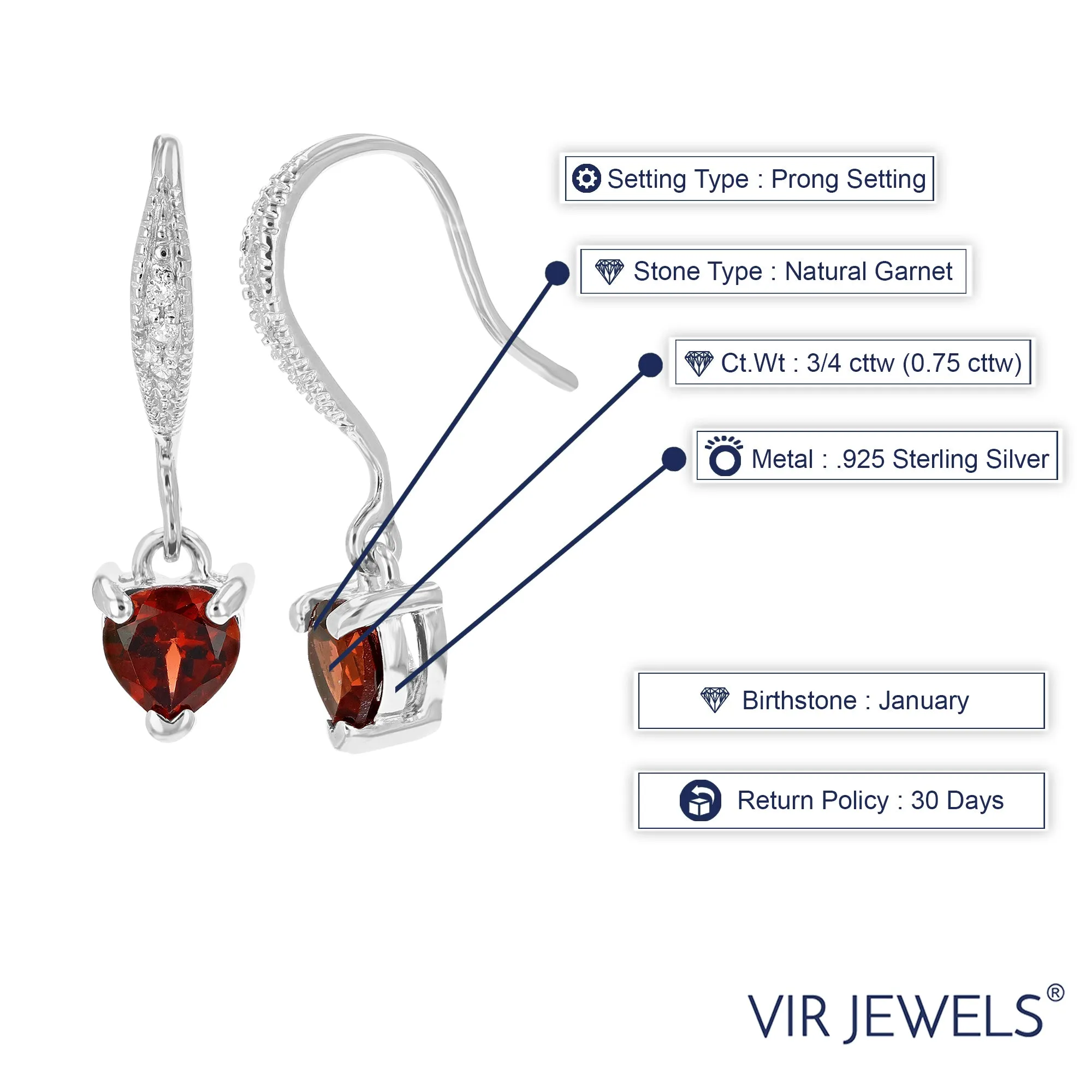 3/4 cttw Garnet Dangle Earrings .925 Sterling Silver With Rhodium 5 MM Heart