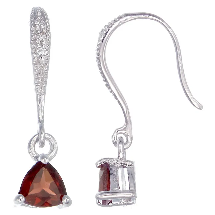 3/4 cttw Garnet Dangle Earrings .925 Sterling Silver With Rhodium 5 MM Trillion