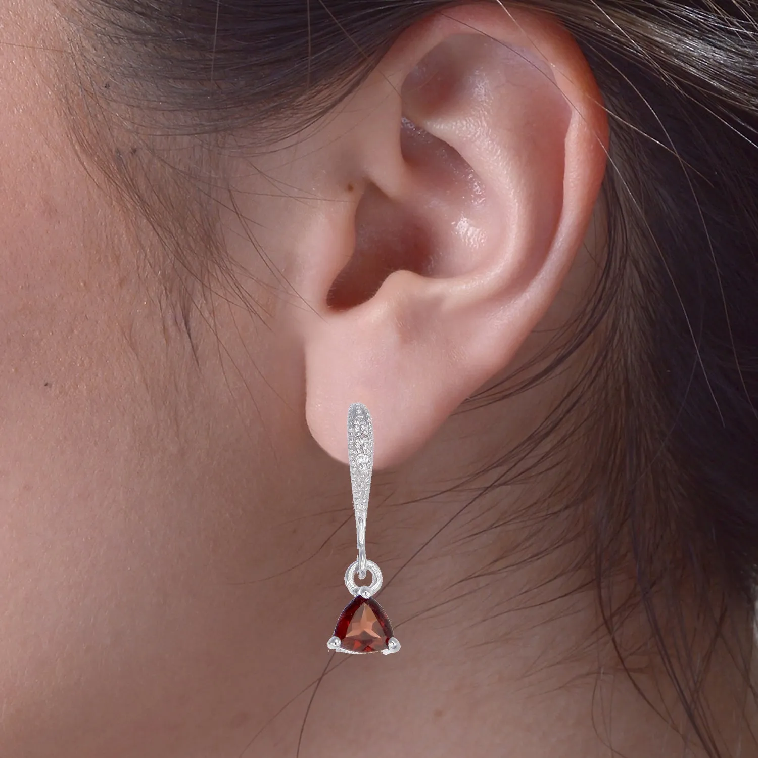 3/4 cttw Garnet Dangle Earrings .925 Sterling Silver With Rhodium 5 MM Trillion