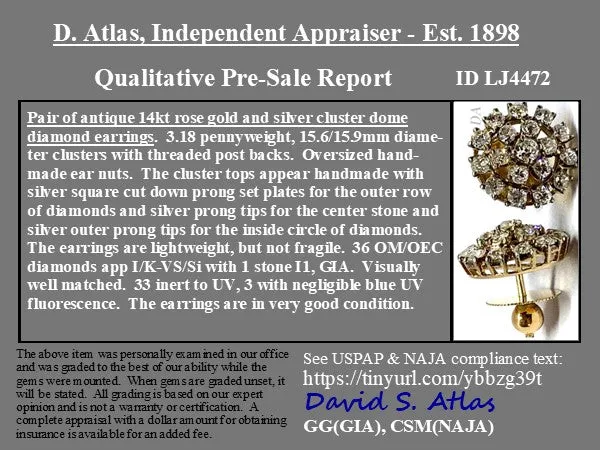 4.00ctw Antique Old Mine Cut Diamond Cluster Earrings
