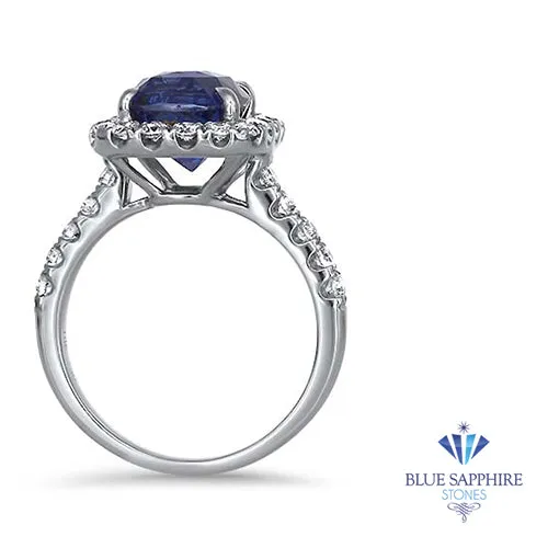 4.41ct. Cushion Blue Sapphire Ring with Diamond Halo in 18K White Gold