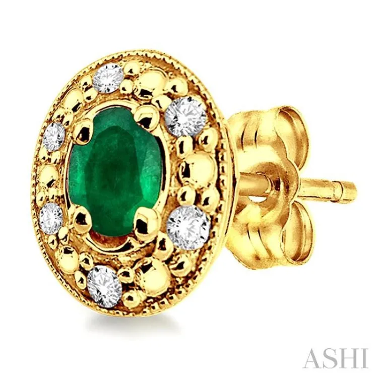 4x3 MM Oval Shaped Emerald and 1/10 ctw Single Cut Diamond Earrings in 10K Yellow Gold