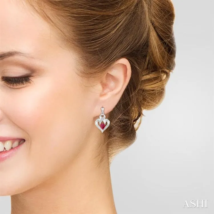 5x3 MM Pear Shape Ruby and 1/50 ctw Single Cut Diamond Earrings in Sterling Silver