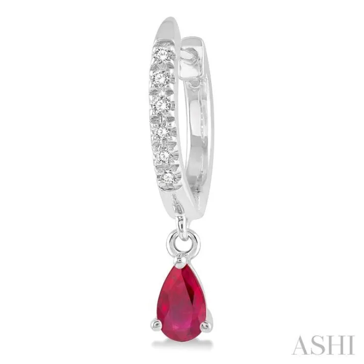 5x3 MM Pear Shape Ruby and 1/8 ctw Round Cut Diamond Petite Fashion Huggie Earrings in 10K White Gold