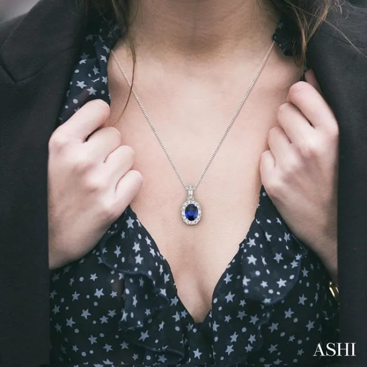 6x4 MM Oval Shape Sapphire and 1/4 ctw Diamond Precious Pendant in 14K White Gold with Chain