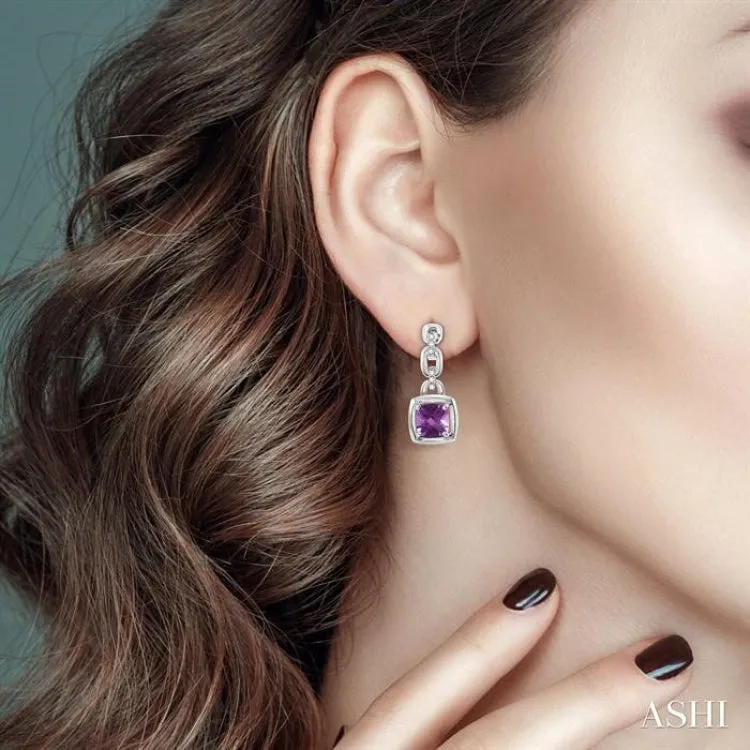 6x6 MM Cushion Checker Amethyst and 1/10 ctw Single Cut Diamond Earrings in Sterling Silver