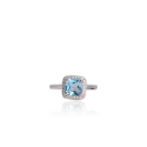 7 mm. Cushion Cut Swiss Blue Brazilian Topaz with Cz Halo Ring