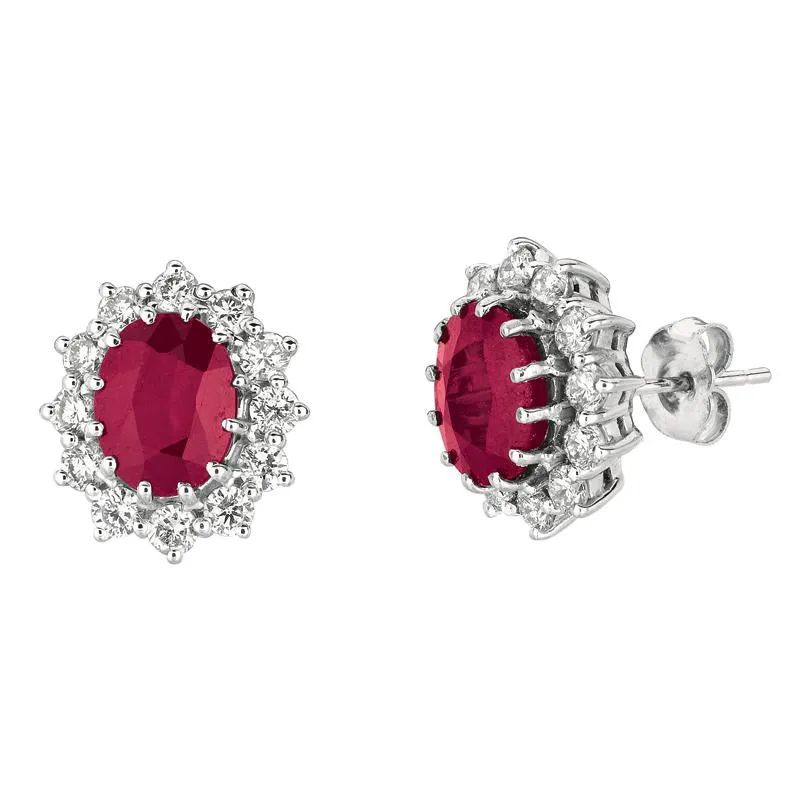 7.00 Carat Natural Ruby & Diamond Oval Earrings G SI 14K White Gold