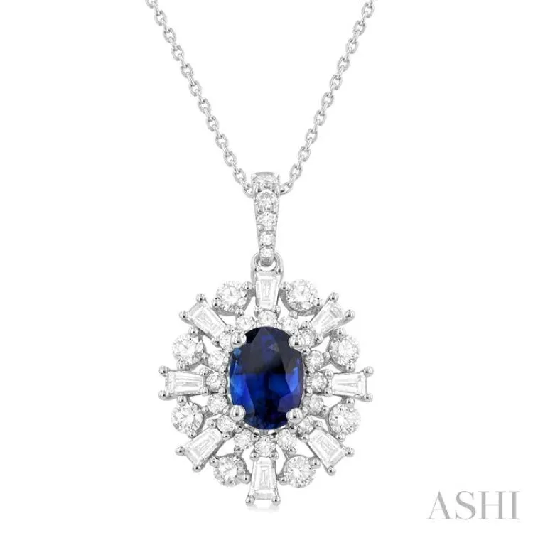 7x5 MM Oval Cut Sapphire and 1 ctw Baguette & Round Cut Diamond Halo Precious Pendant With Chain in 14K White Gold