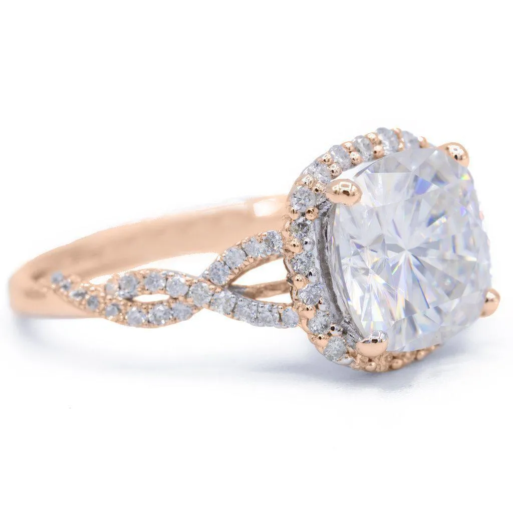 8mm Cushion Center 14k Rose Gold Infinity Band Halo MicroPave Diamond Ring