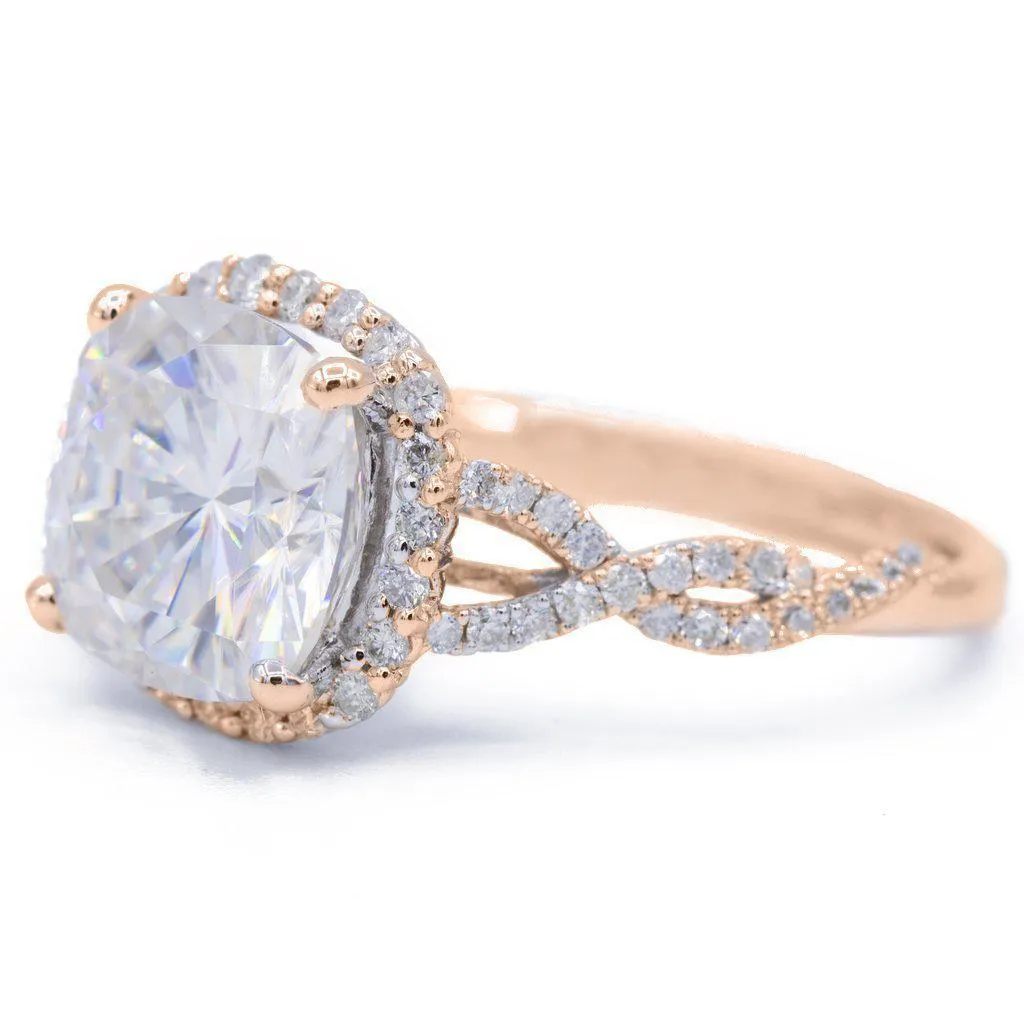 8mm Cushion Center 14k Rose Gold Infinity Band Halo MicroPave Diamond Ring