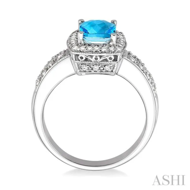 8x6 MM Cushion Cut Blue Topaz and 1/3 Ctw Round Cut Diamond Ring in 14K White Gold