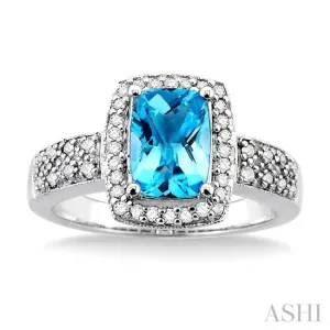 8x6 MM Cushion Cut Blue Topaz and 1/3 Ctw Round Cut Diamond Ring in 14K White Gold