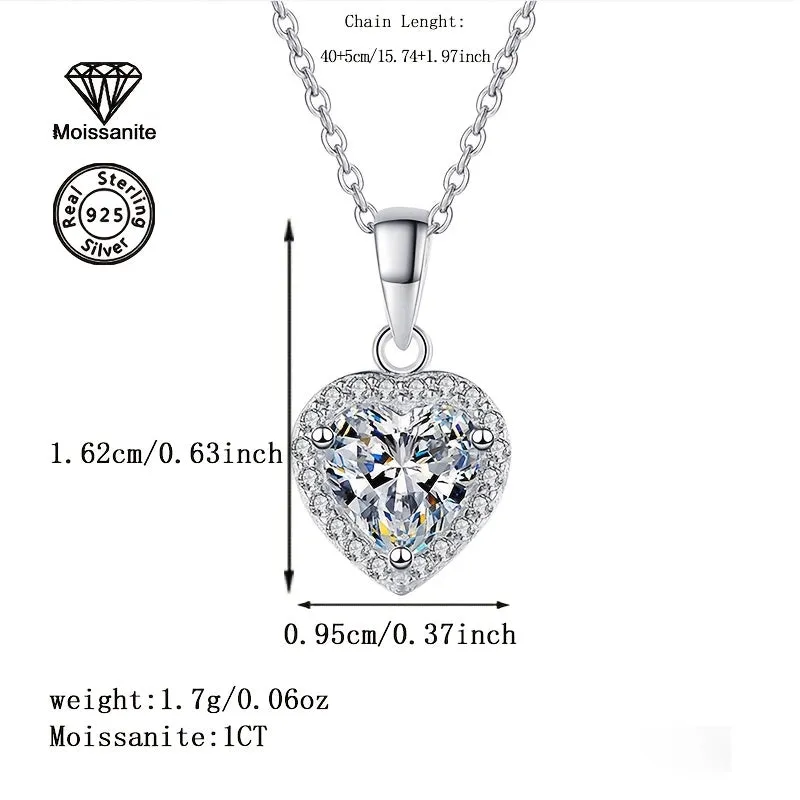 925 Silver 1 Carat Moissanite Heart Pendant Necklace Perfect for Women