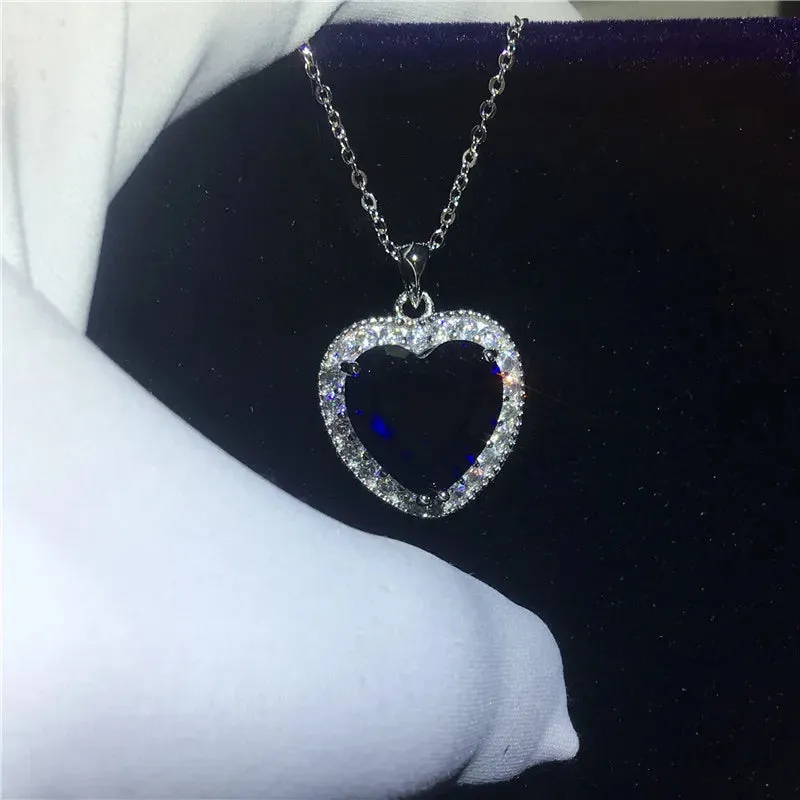 925 Silver Heart of the Ocean Sapphire Pendant Necklace for Women