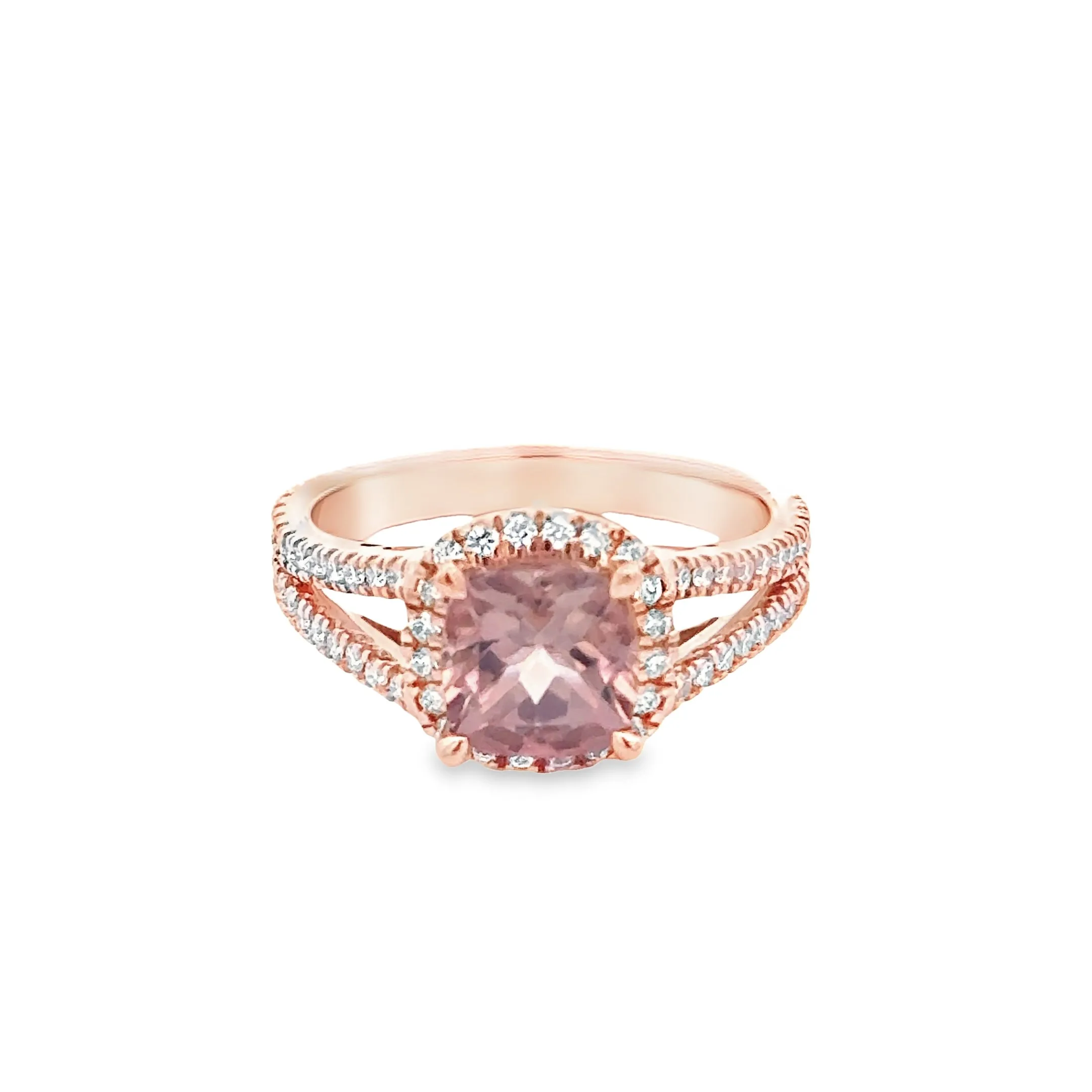 9ct Rose Gold Cushion Cut Pink Tourmaline & Lab Grown Diamond Halo and Split Shoulder Ring TDW= 0.45ct
