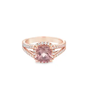 9ct Rose Gold Cushion Cut Pink Tourmaline & Lab Grown Diamond Halo and Split Shoulder Ring TDW= 0.45ct