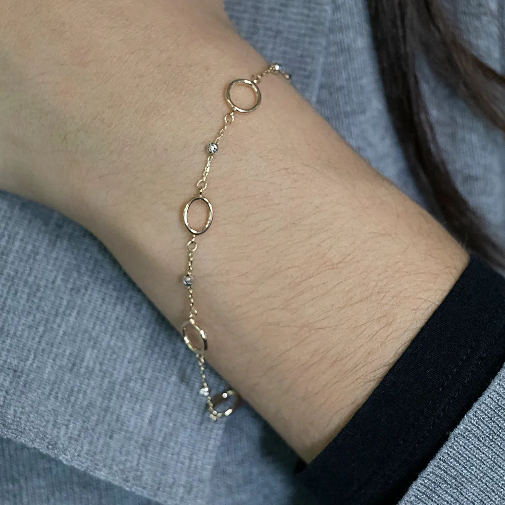 9ct Two-Tone Open Rings and Beads 19cm Bracelet