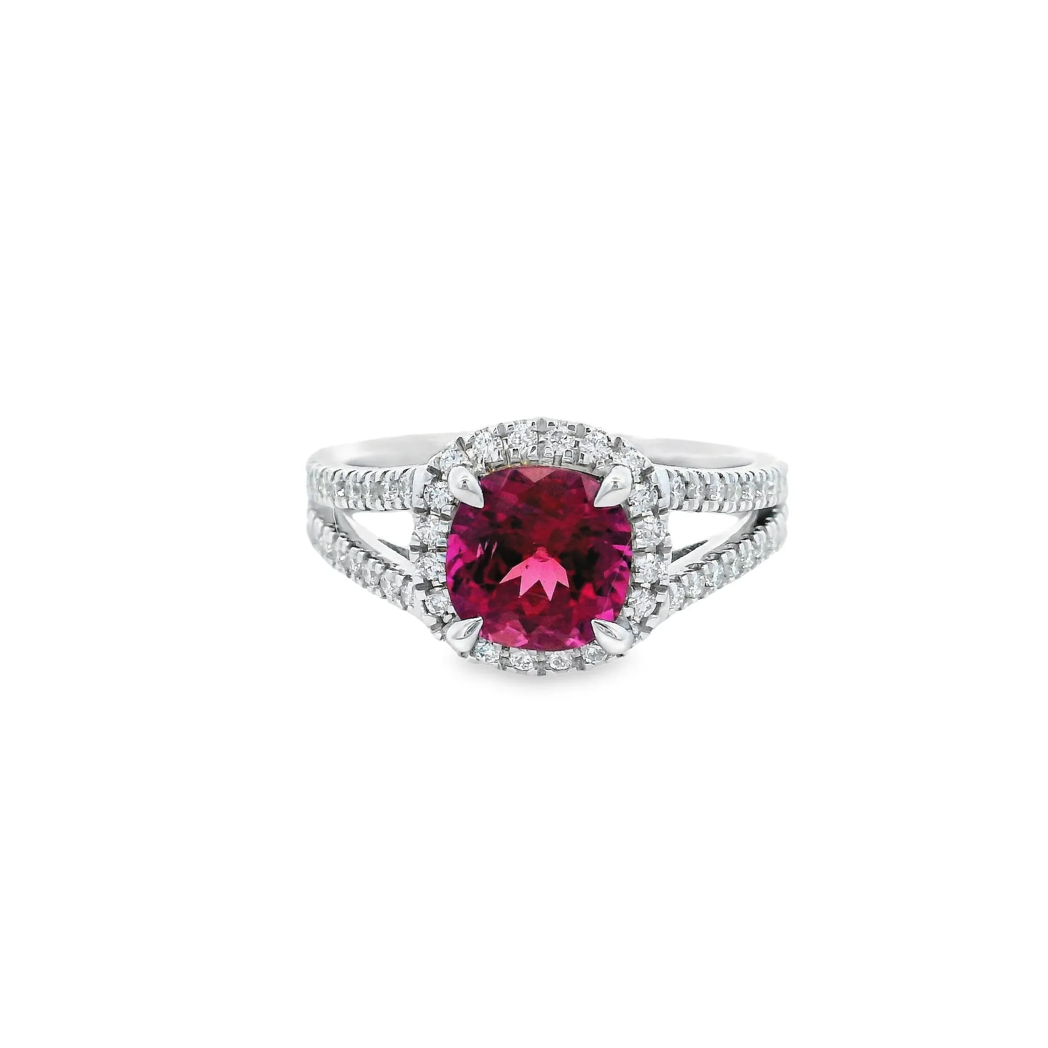 9ct White Gold Cushion Cut Pink Tourmaline & Lab Grown Diamond Halo and Split Shoulder Ring TDW= 0.45ct