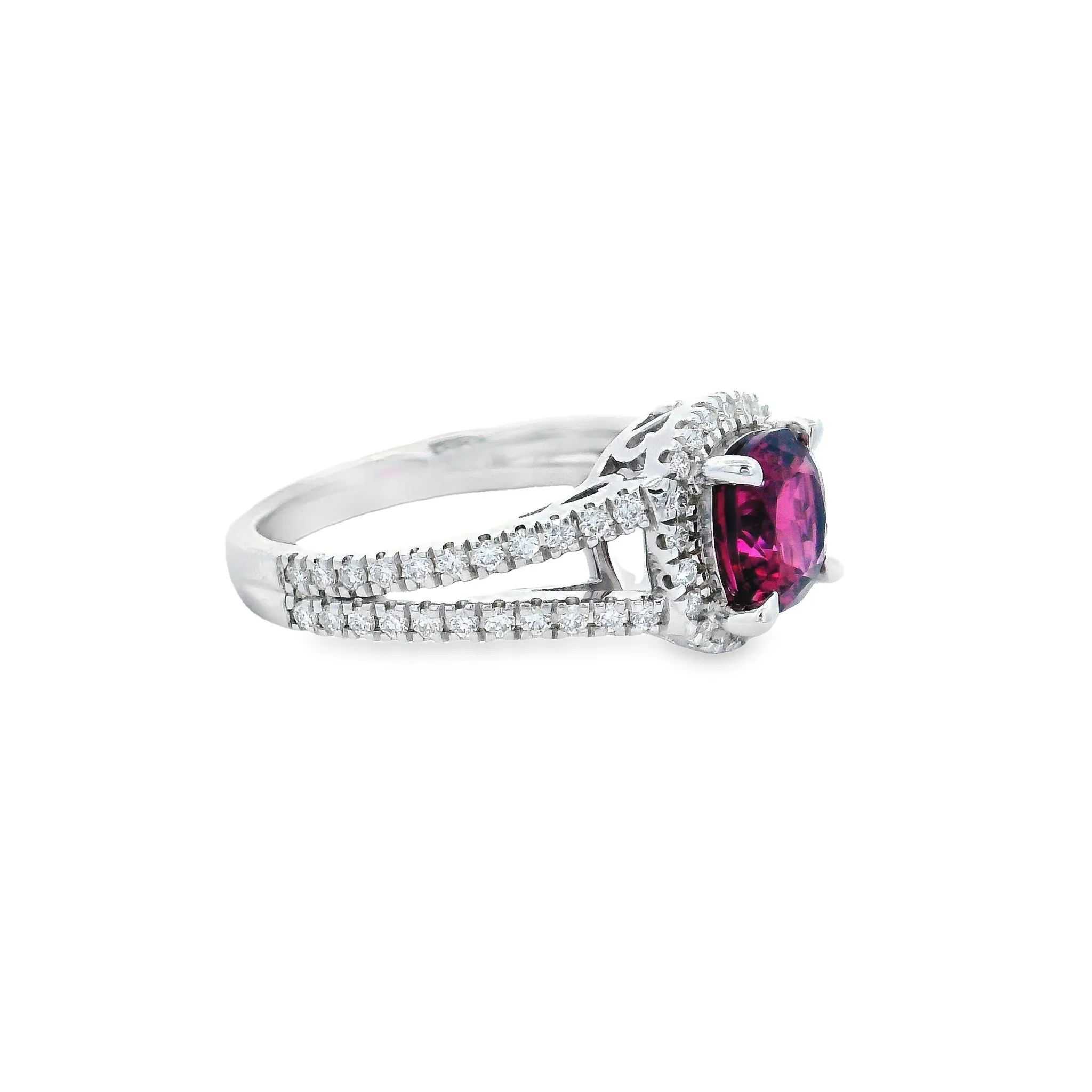 9ct White Gold Cushion Cut Pink Tourmaline & Lab Grown Diamond Halo and Split Shoulder Ring TDW= 0.45ct