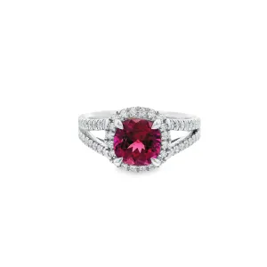 9ct White Gold Cushion Cut Pink Tourmaline & Lab Grown Diamond Halo and Split Shoulder Ring TDW= 0.45ct