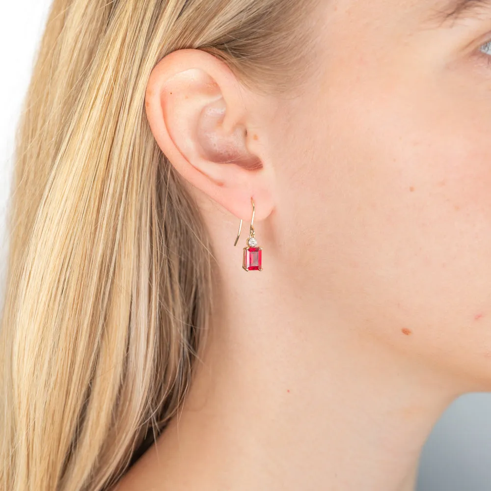 9ct Yellow Gold Created Ruby and Diamond Drop Earrings