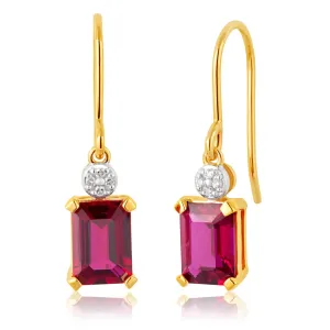 9ct Yellow Gold Created Ruby and Diamond Drop Earrings