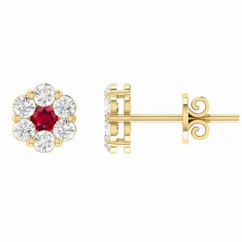 9K YG Dia & Ruby Cluster Studs