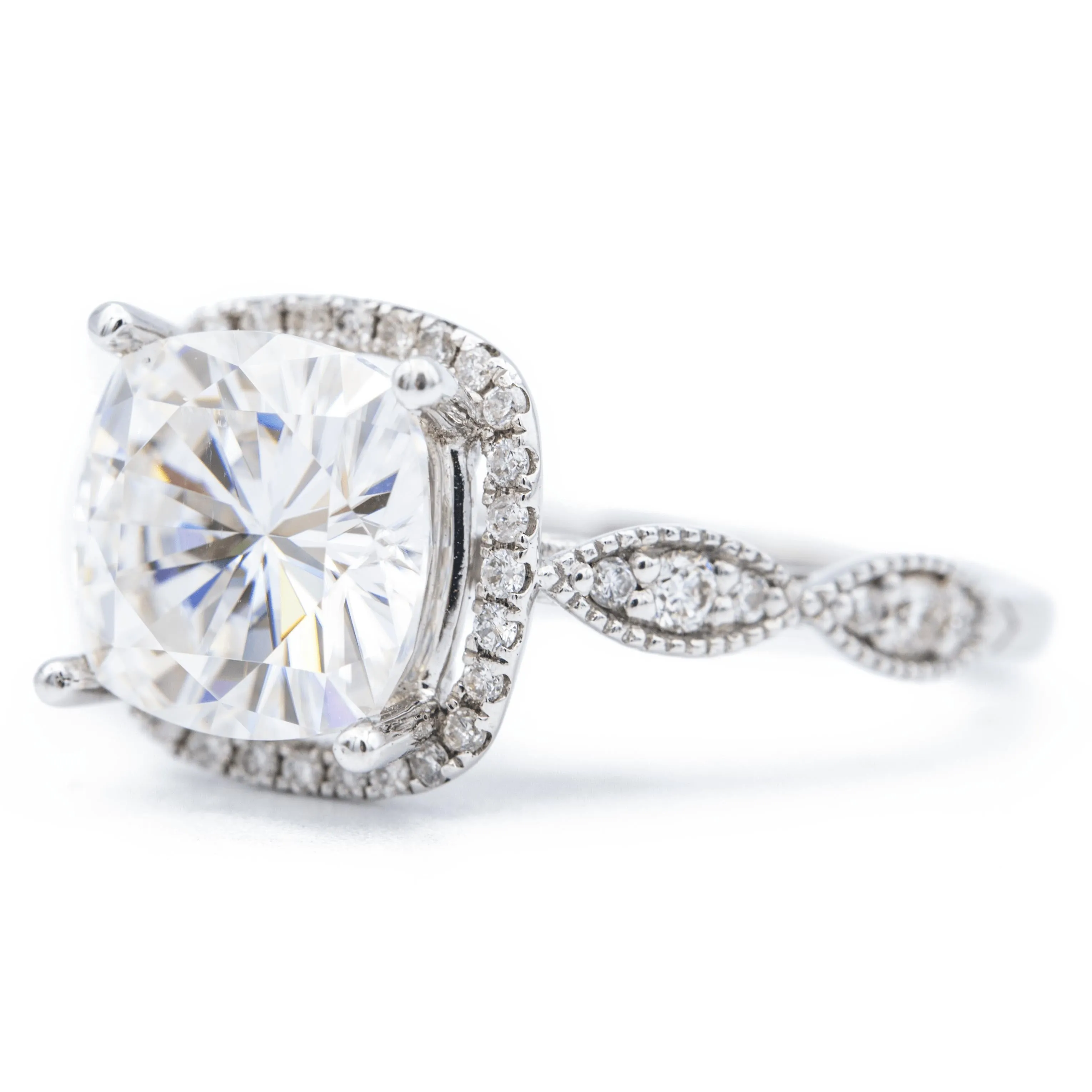 9mm Cushion Center 14K White Gold Infinity Band Halo Ring