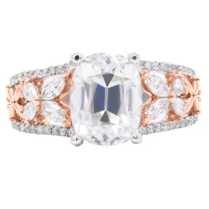 9x7mm Elongated Cushion Old Mine Cut (OMC) Moissanite Two Tone 14K White and Rose Gold Diamond Butterfly Shank Ring