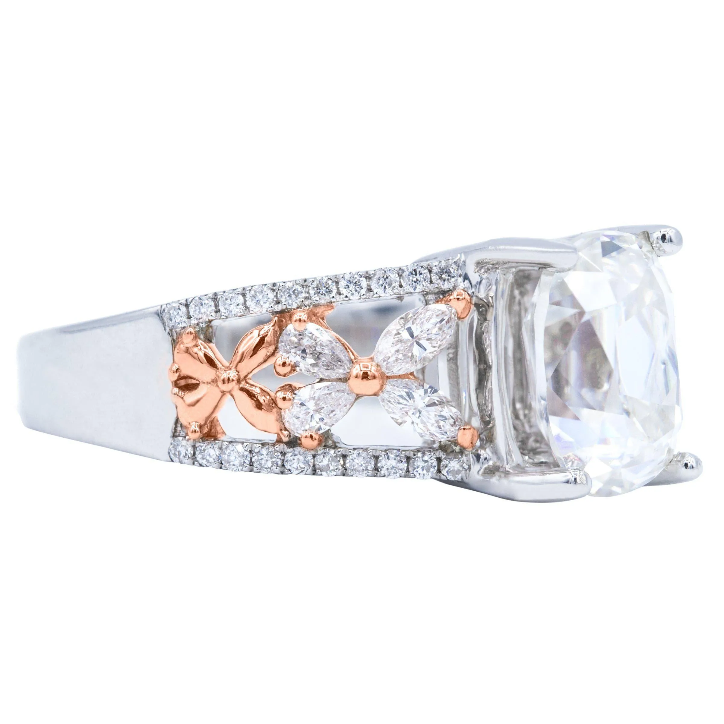 9x7mm Elongated Cushion Old Mine Cut (OMC) Moissanite Two Tone 14K White and Rose Gold Diamond Butterfly Shank Ring