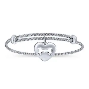 Adjustable Twisted Cable Stainless Steel Bangle with Sterling Silver Doggy Bone Charm
