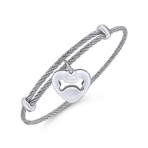 Adjustable Twisted Cable Stainless Steel Bangle with Sterling Silver Doggy Bone Charm