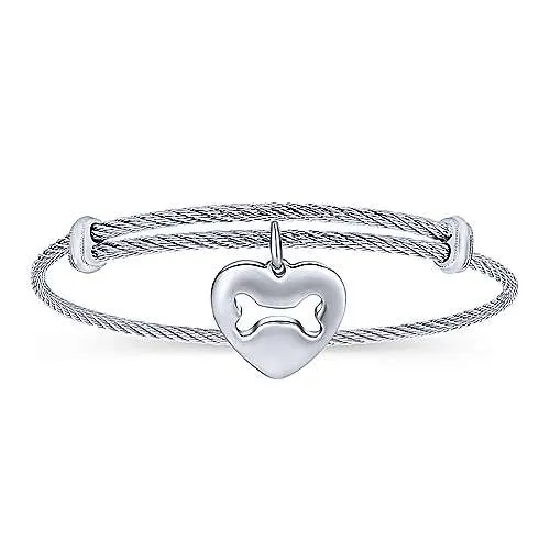Adjustable Twisted Cable Stainless Steel Bangle with Sterling Silver Doggy Bone Charm