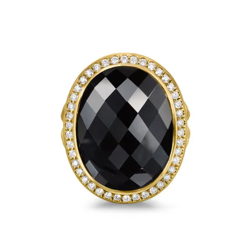 Albion Oval Ring in 18K Yellow Gold with Black Onyx and Diamonds, 21mm, Size 6