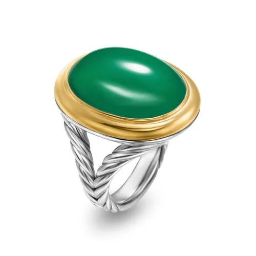 Albion Oval Ring in Sterling Silver with 18K Yellow Gold and Green Onyx, 21mm, Size 6