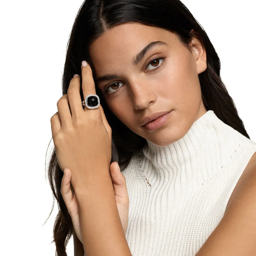 Albion Ring in Sterling Silver with Black Onyx and Diamonds, 15mm, Size 7
