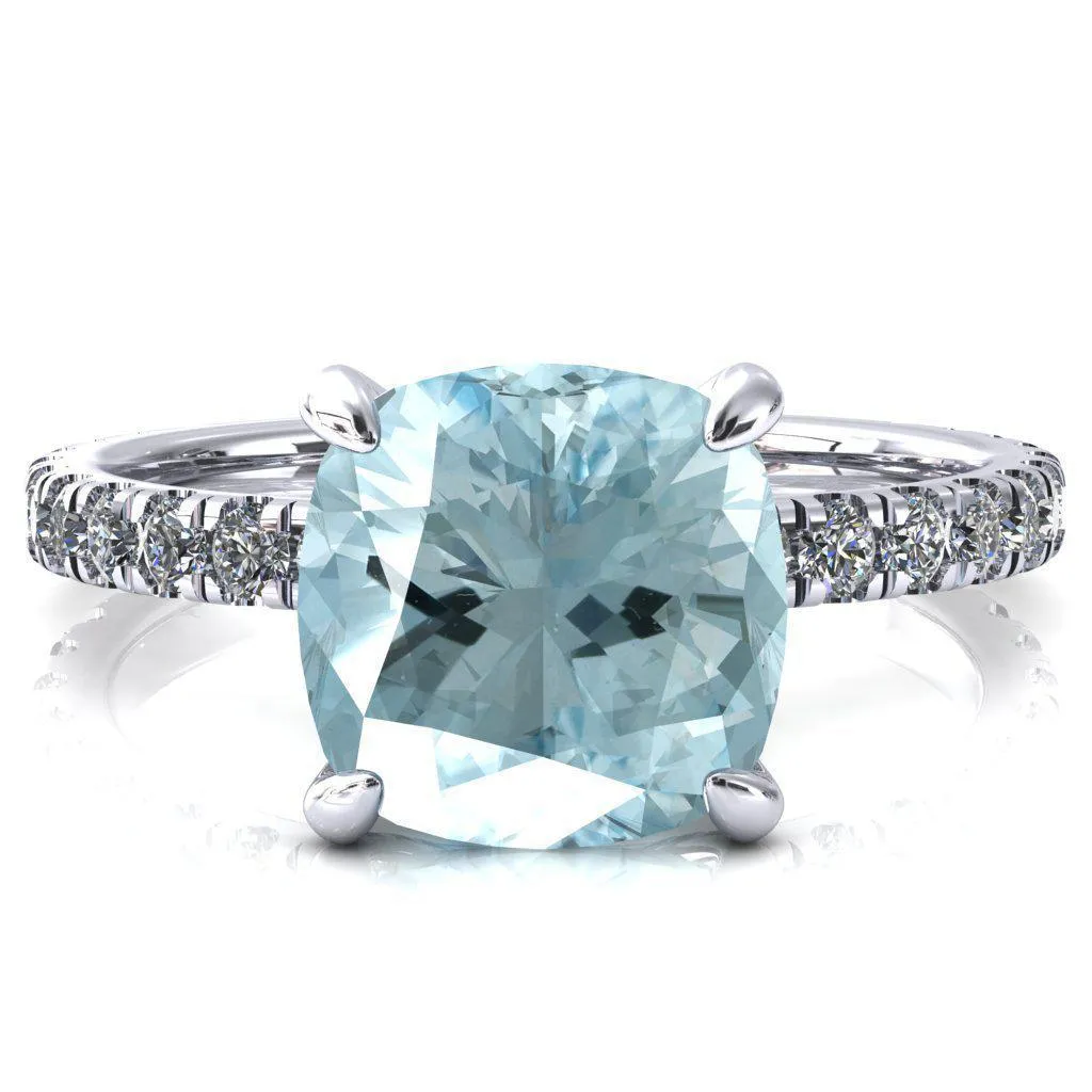 Alessi Cushion Aqua Blue Spinel 4 Claw Prong 3/4 Micro Pave Engagement Ring