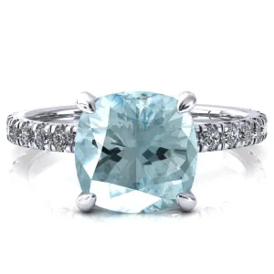 Alessi Cushion Aqua Blue Spinel 4 Claw Prong 3/4 Micro Pave Engagement Ring