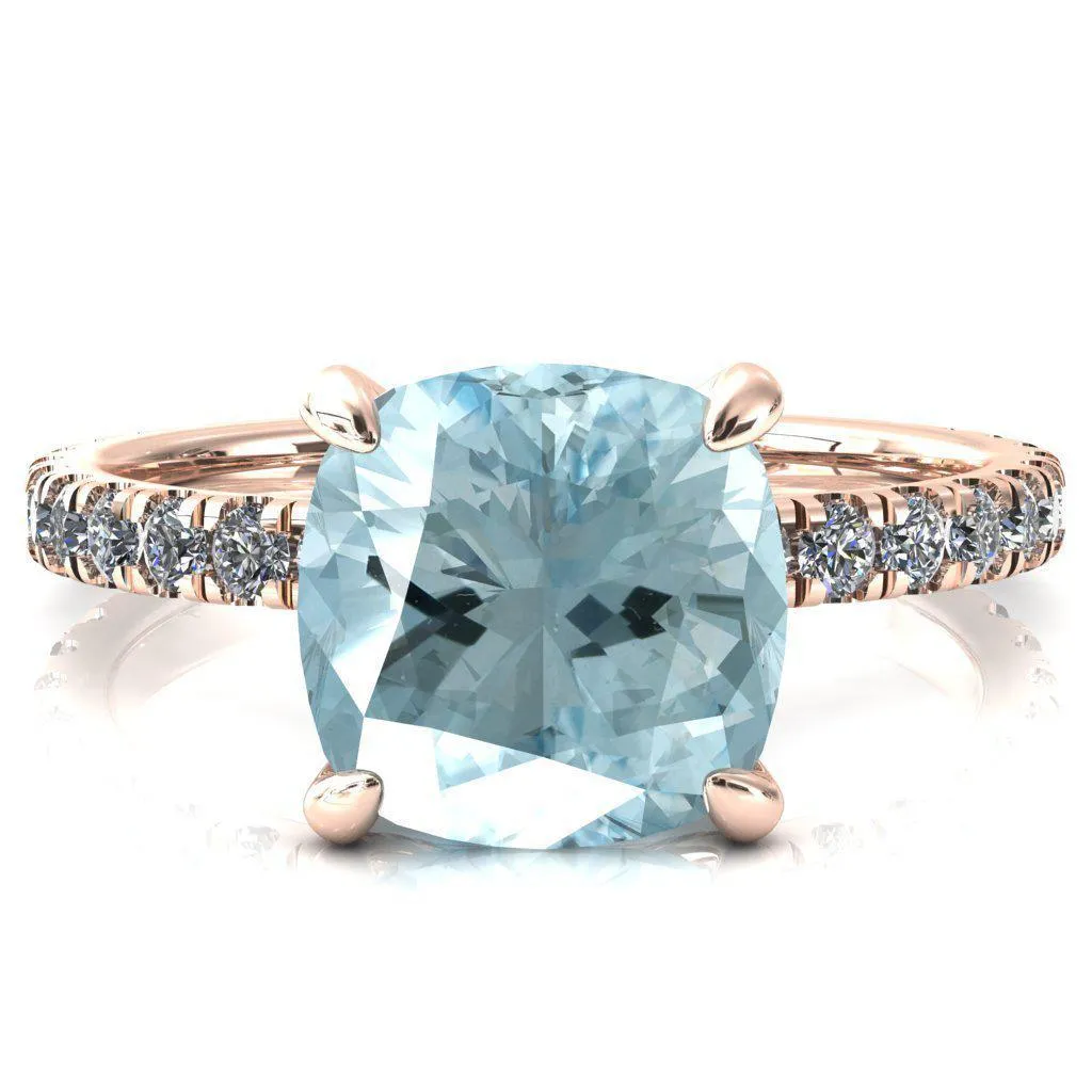 Alessi Cushion Aqua Blue Spinel 4 Claw Prong 3/4 Micro Pave Engagement Ring