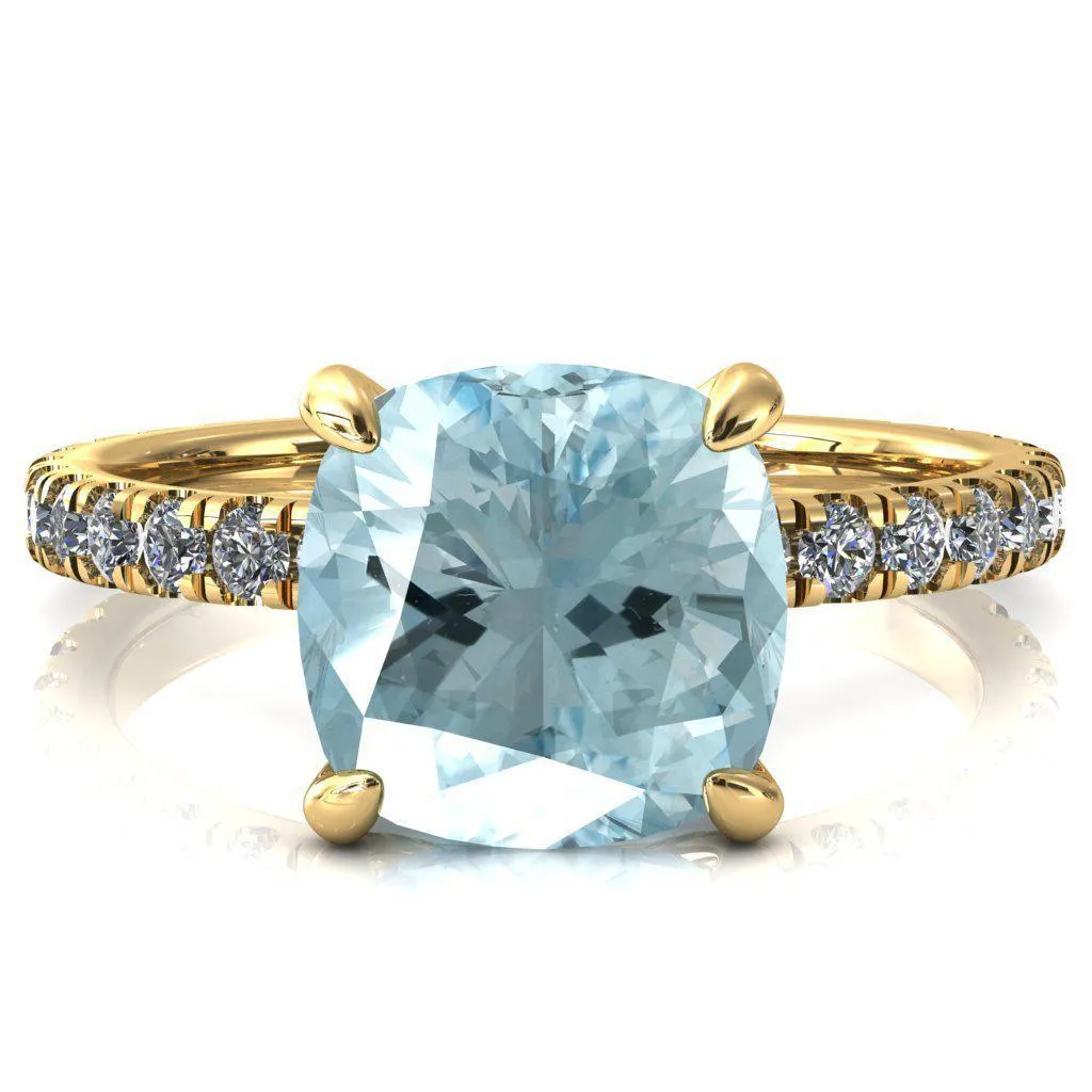 Alessi Cushion Aqua Blue Spinel 4 Claw Prong 3/4 Micro Pave Engagement Ring