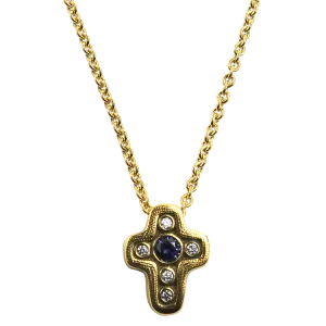 Alex Sepkus 18k Yellow Gold Blue Sapphire and Diamond Cross Necklace