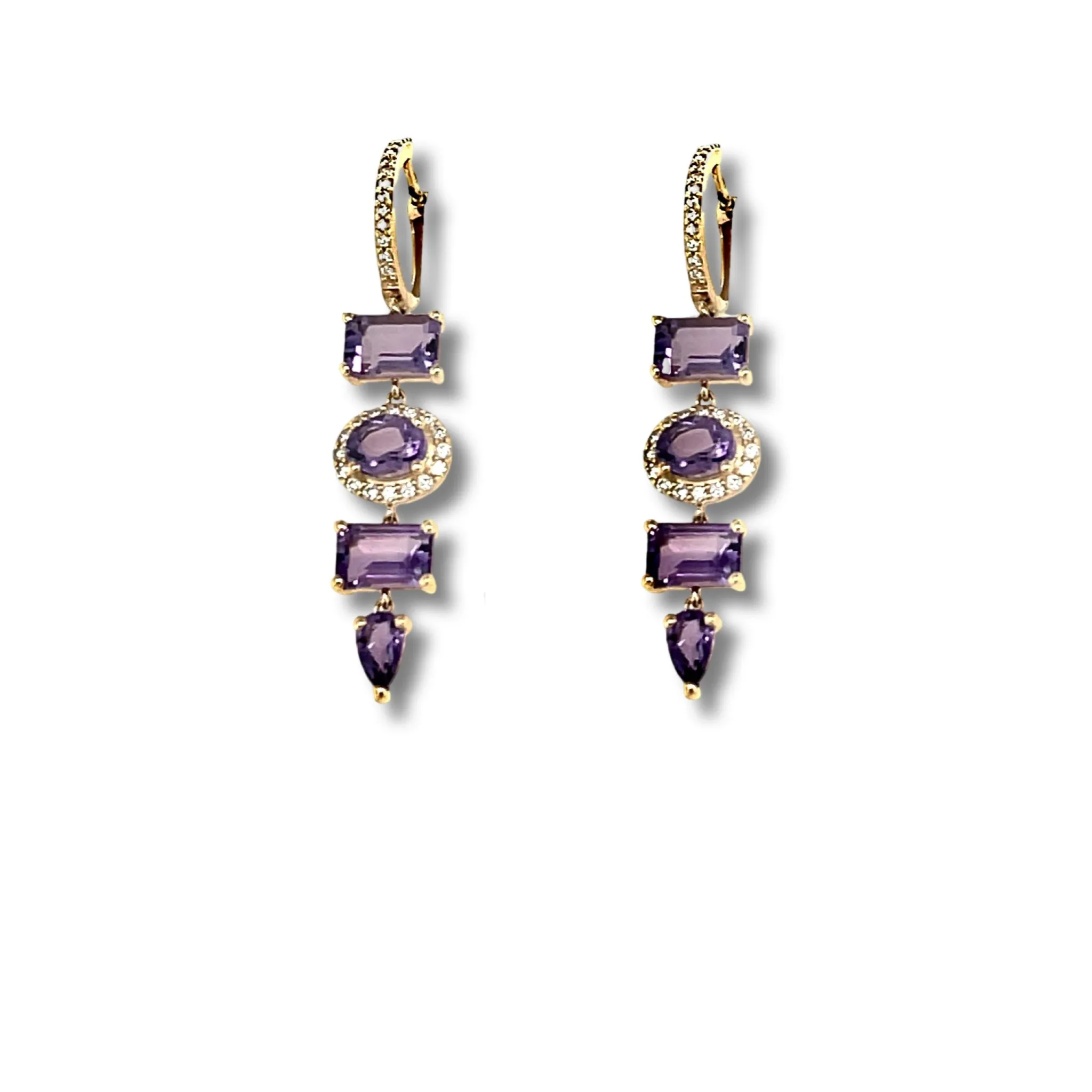Amethyst and Diamond multi shape drop diamond earrrings