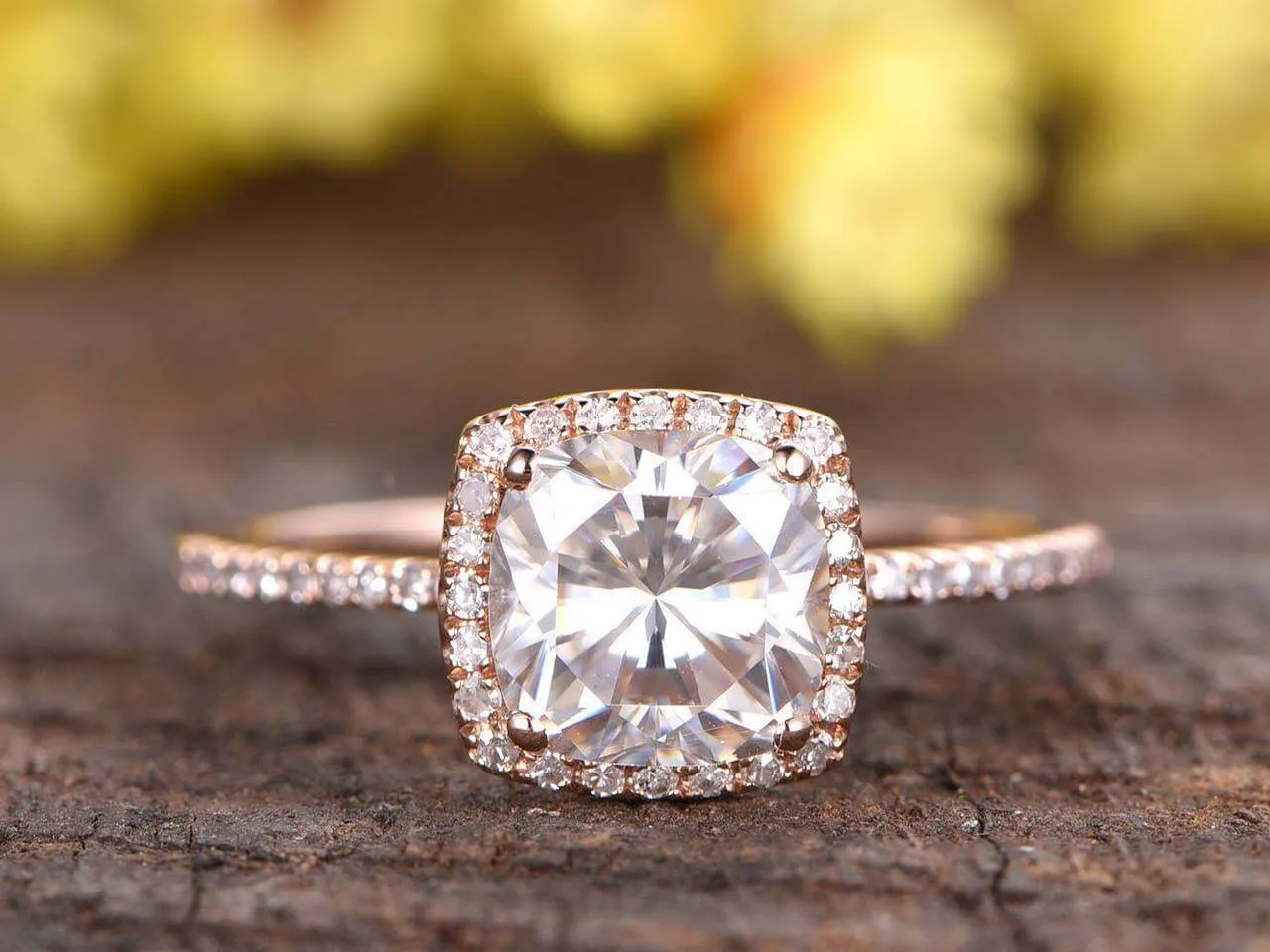 Antique 1.25 Carat Cushion Cut Moissanite Diamond Engagement Ring in 10k Rose Gold