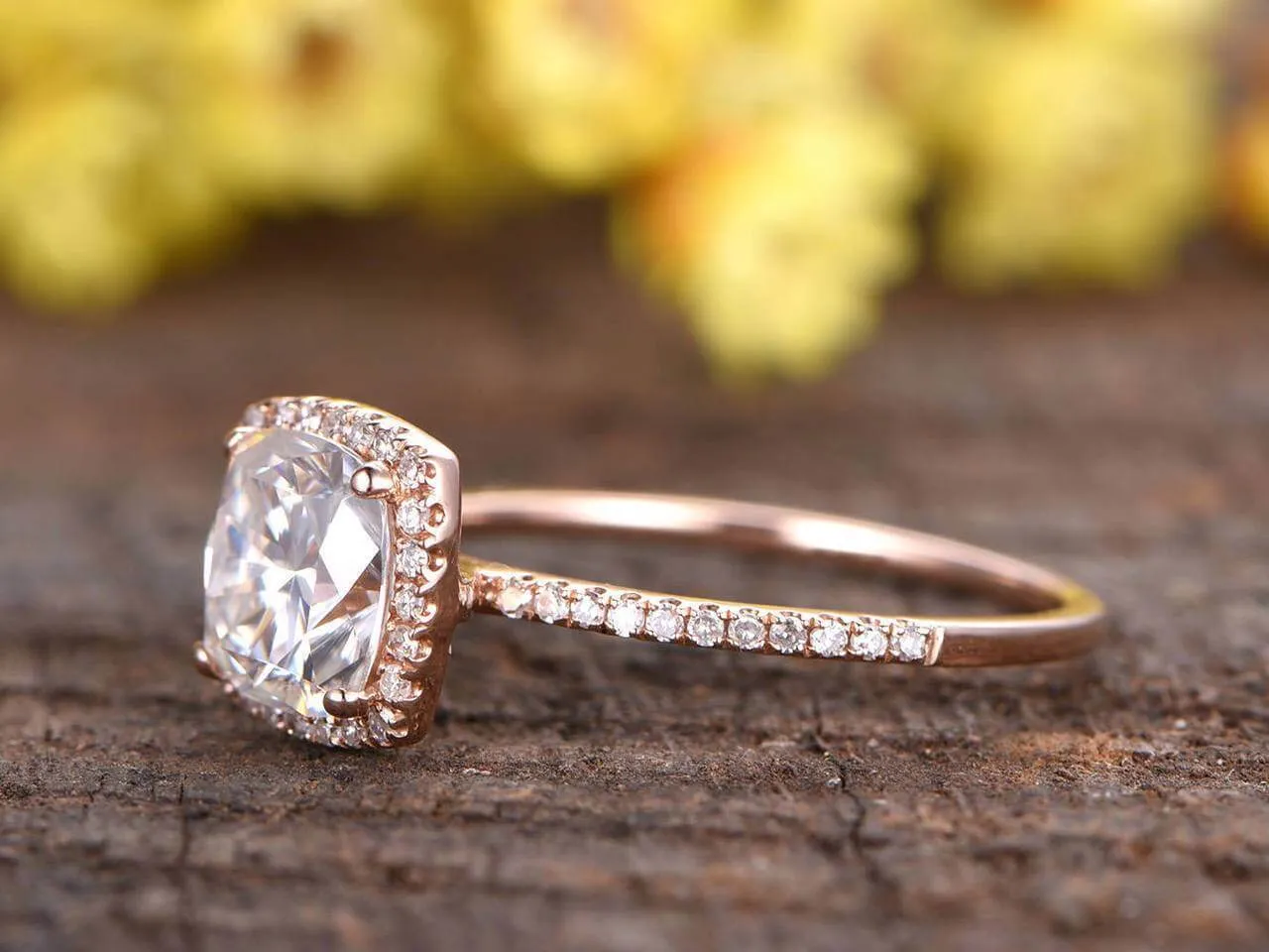 Antique 1.25 Carat Cushion Cut Moissanite Diamond Engagement Ring in 10k Rose Gold