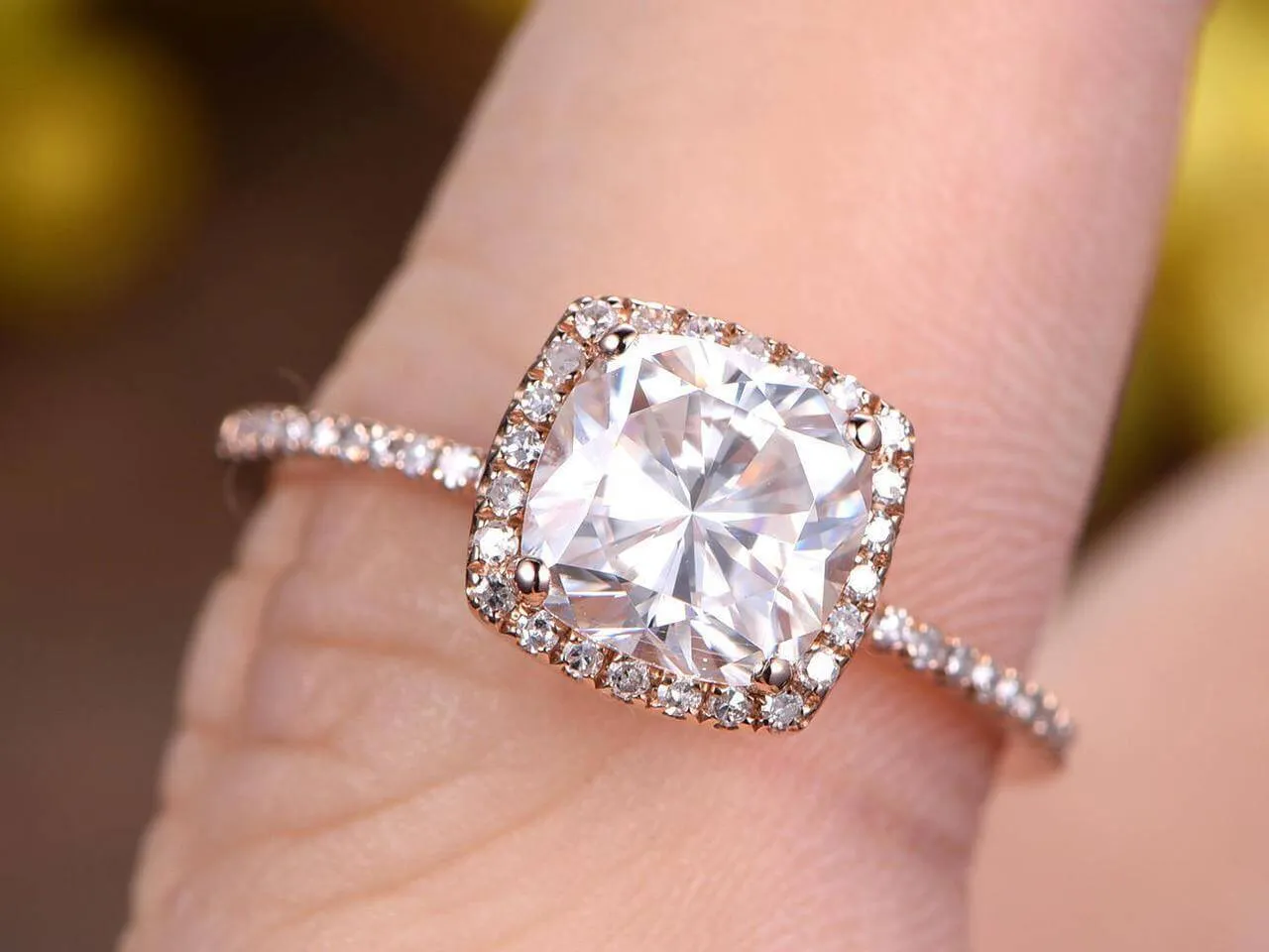 Antique 1.25 Carat Cushion Cut Moissanite Diamond Engagement Ring in 10k Rose Gold