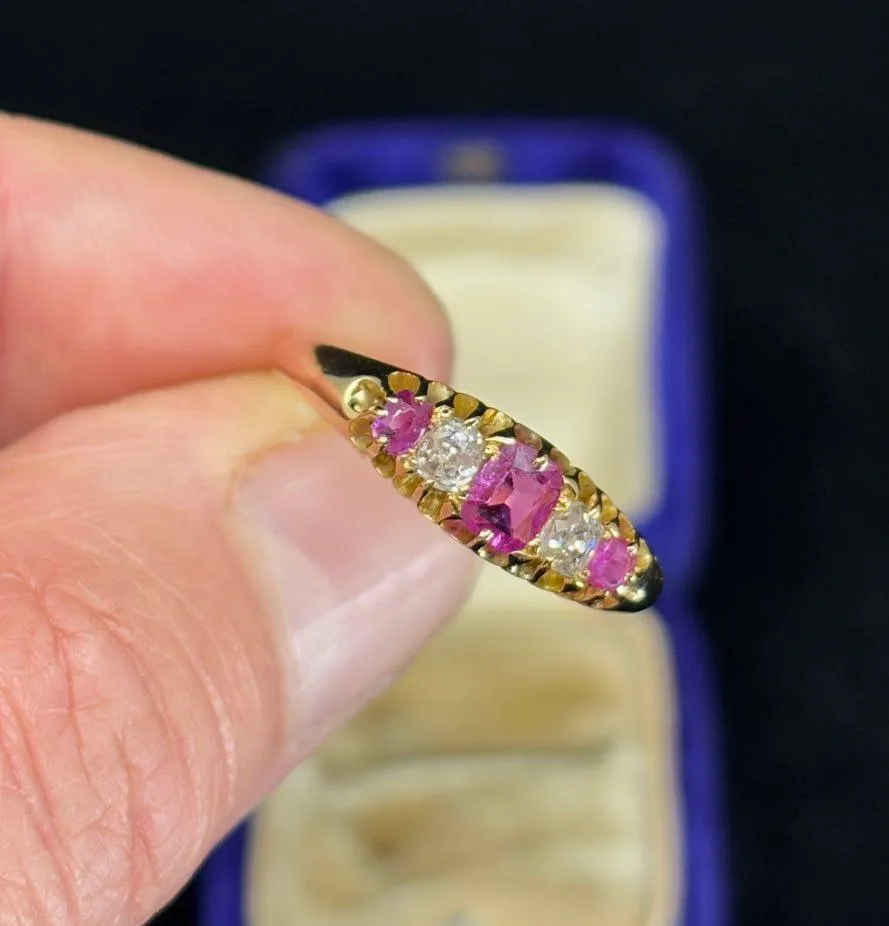 Antique Victorian Half Hoop Ring with Pink Sapphires and Diamonds
