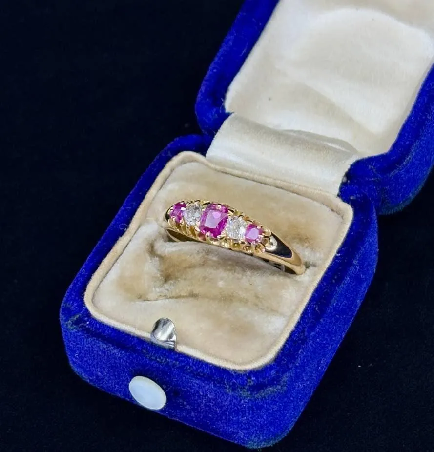 Antique Victorian Half Hoop Ring with Pink Sapphires and Diamonds