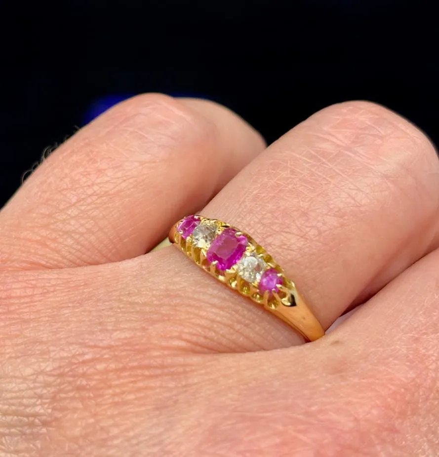 Antique Victorian Half Hoop Ring with Pink Sapphires and Diamonds